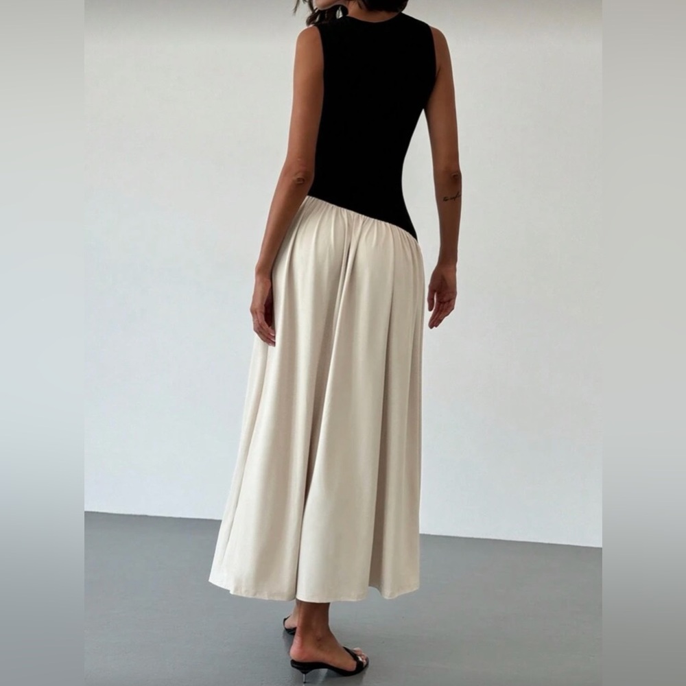 Black and Cream Asymmetrical Drop Waist Maxi Dress Minimalist Chic Style - Picture 3 of 7